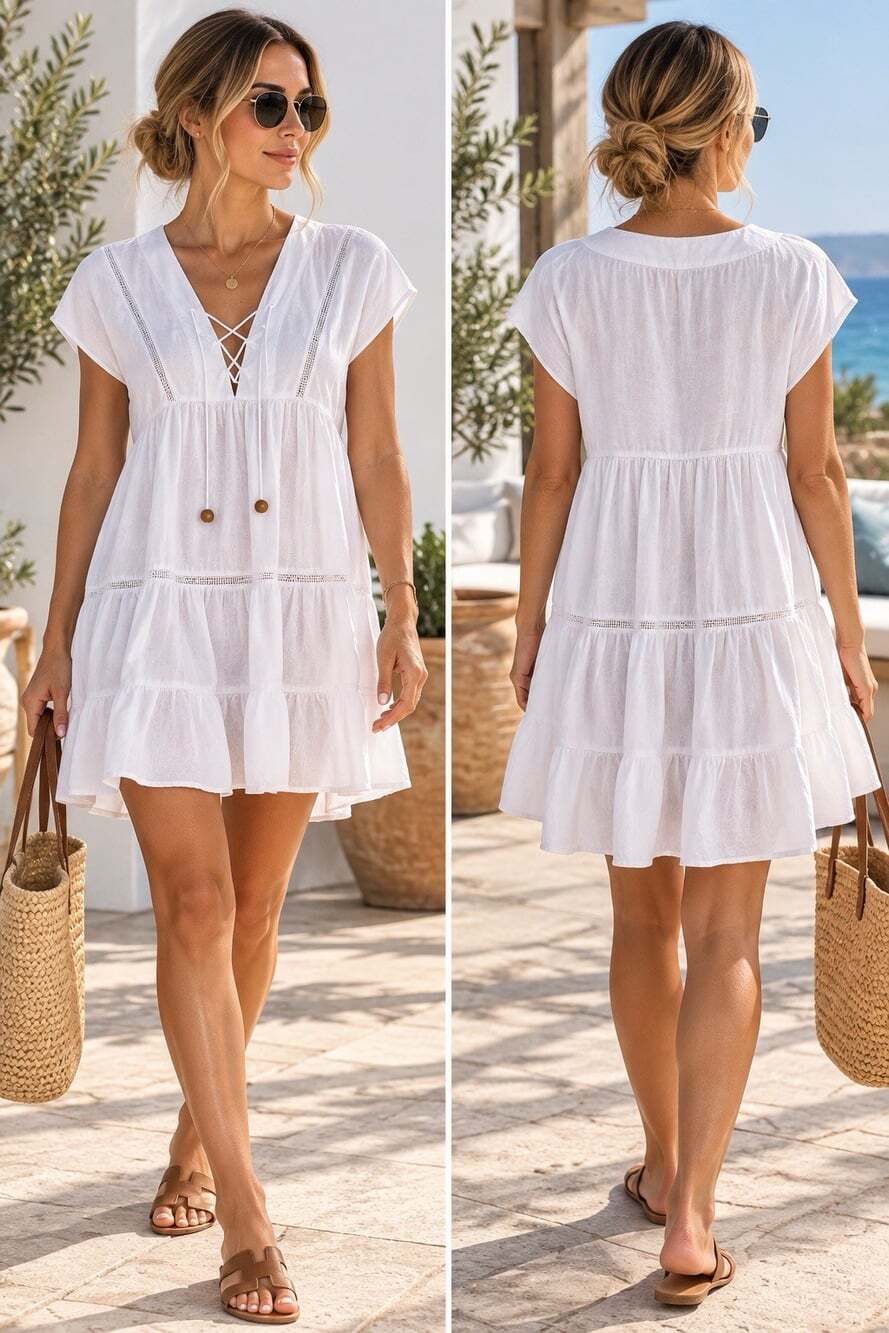 Zara White Linen Blend Lace Up Tiered Resort Mini Dress Size L
